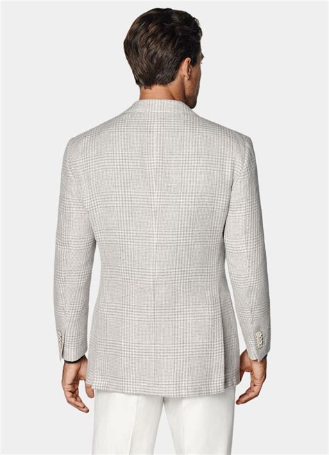 Light Grey Checked Relaxed Fit Roma Blazer in Linen Silk Wool Cotton ...