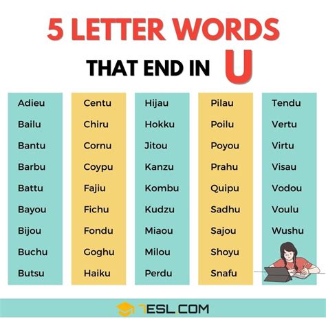 5 Letter Words Ending in U (105 English Words) • 7ESL