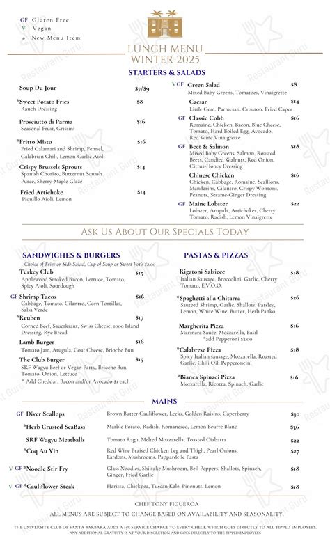 Menu at University Club, Santa Barbara
