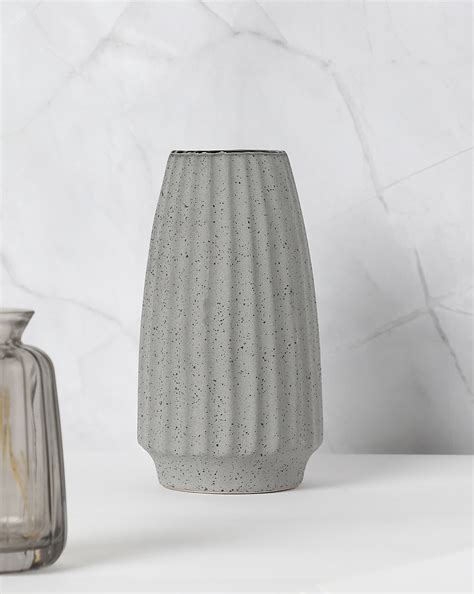 Bonhomie Modern Dark Grey Striped Tall Round Ceramic Flower Vase For ...