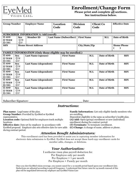EyeMed EnrollmentChange Form - Blank Fillable Template | Fill Out ...