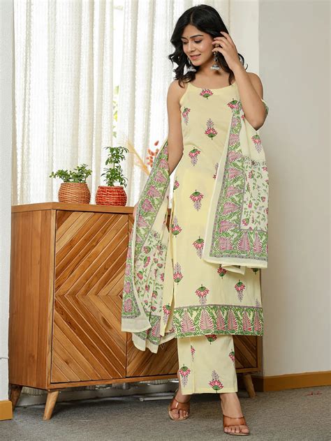 Yellow Cotton Straight Sleeveless Strappy Kurta Dupatta Set – Yufta Store