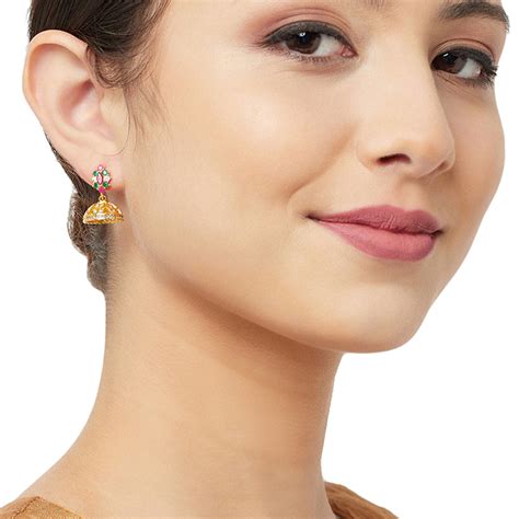 American Diamond CZ Traditional Gold Plated Red & Green Brass Jhumka E ...