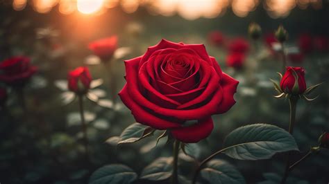 Beautiful red rose with a bokeh background and beautiful sunset light ...