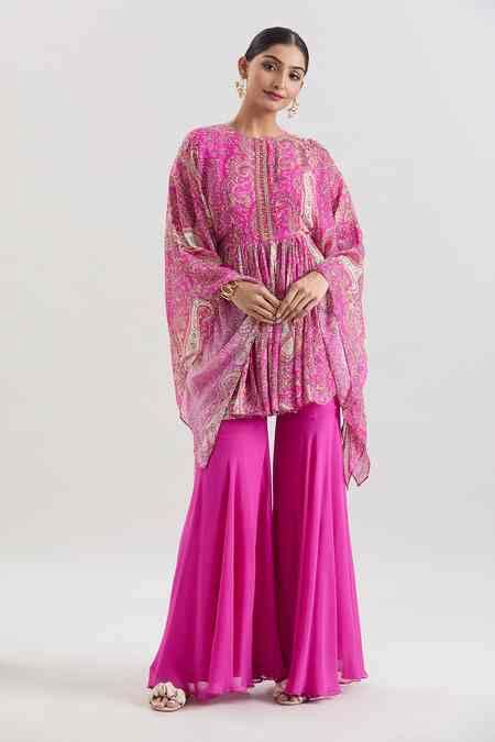 Buy Pink Georgette Sequins Round Neck Paisley Print Gathered Tunic And ...