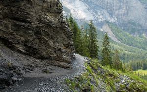 Wallpaper trail, valley, slope, trees, rock hd, picture, image