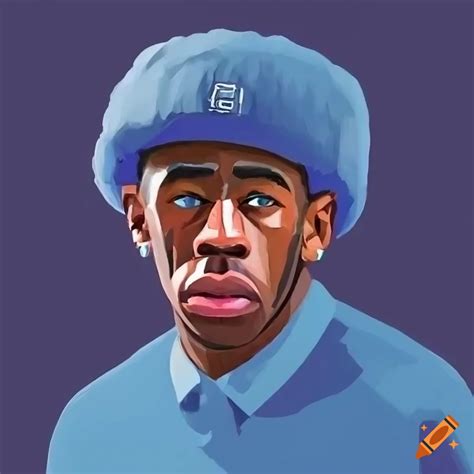Minimalistic portrait of Tyler, The Creator with blue Ushanka hat on Craiyon