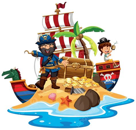 Pirate And Ship At The Treasure Island Clip Art Funny Ocean Vector ...
