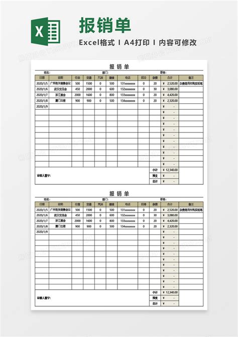 简约费用报销单表格Excel模板下载_熊猫办公