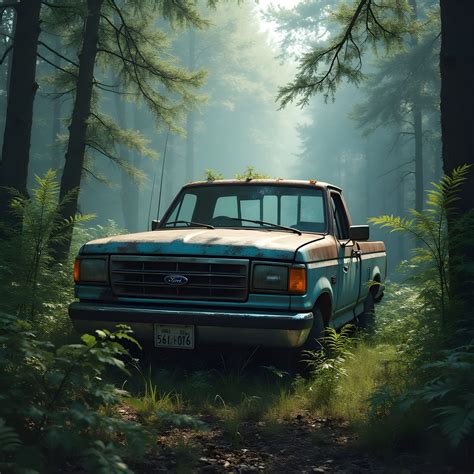 An old Ford f-150 rusting in the woods