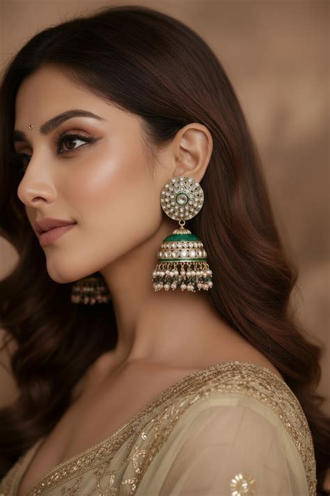 Regal Kundan Jhumka Earrings with Emerald Enamel & Pearl Drops - Green ...