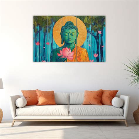 Green Buddha With Lotus Multi Frame Vinyl Wall Painting | Spiritual Wa ...