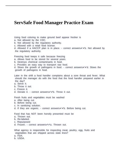 ServSafe Food Manager Practice Exam - SERVSAFE Food handler - Stuvia US