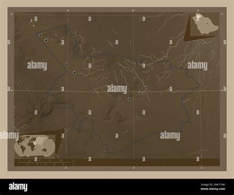 Al Jawf, region of Saudi Arabia. Elevation map colored in sepia tones ...