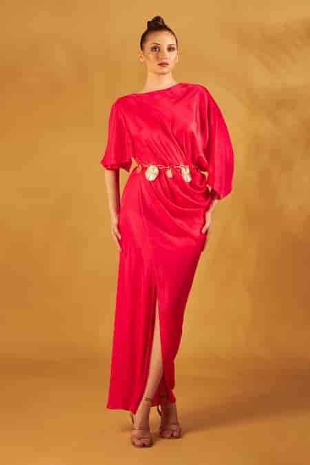 Buy Coral Satin Silk Boat Neck Draped Gown For Women by NA-KA Online at ...
