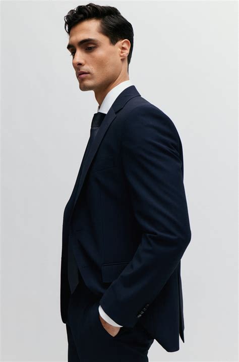 BOSS - Regular-fit suit in micro-patterned stretch cloth - Dark Blue