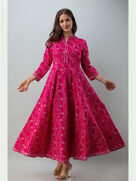 Cotton Printed Mandarin Neck 3/4 Sleeve Flared Ankle Length Kurta ...