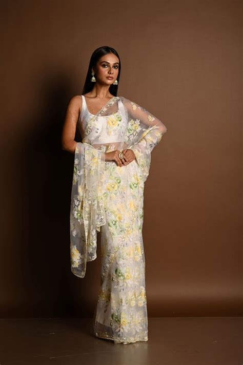 White Net Saree with Multicolored Floral Embroidery – Anvi Couture