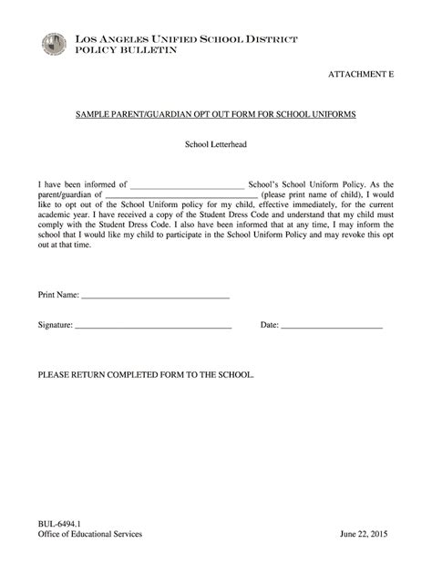 Fillable Online SAMPLE PARENT/GUARDIAN OPT OUT FORM FOR SCHOOL UNIFORMS ...