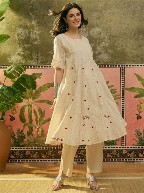 Stylum Women's Cream Self Design & Embroidered Cotton A-Line Kurta Pan ...