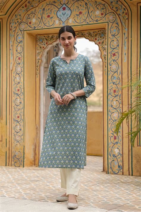 Grey with Green Floral Printed Kurta For Women's – Vari
