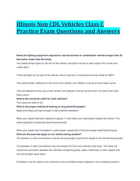 Illinois Non CDL Vehicles Class C Practice Exam Questions and Answers ...