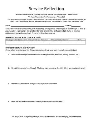 Fillable Online ym sjasr Service Reflection Form - St Joan of Arc Youth ...
