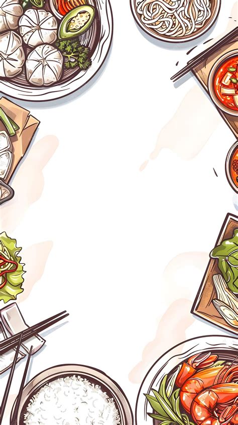 Illustrated seafood and noodle dishes with white space in the center of ...