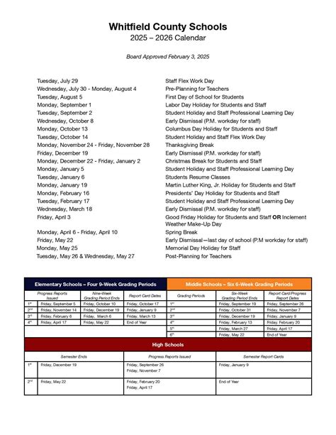 Whitfield County School District Calendar 2025-2026 - New School Calendar
