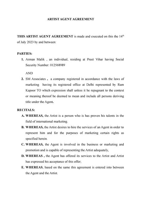 Artist Agent Agreement - ARTIST AGENT AGREEMENT THIS ARTIST AGENT ...