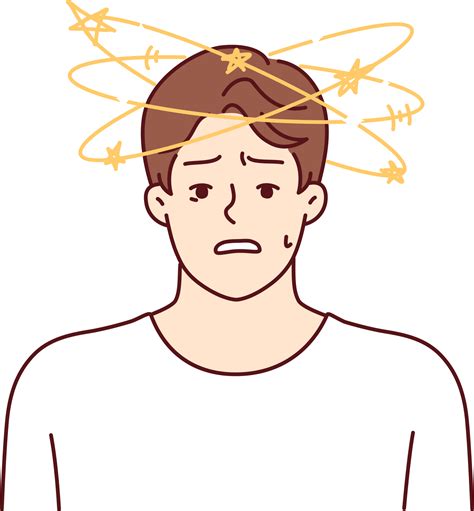 Man with dizziness and stars flying around head looks at camera in ...