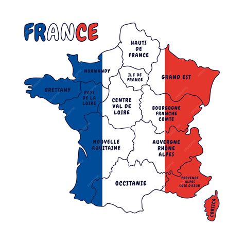 Map of france with french regions and flag hand drawn vector illustration | Premium Vector