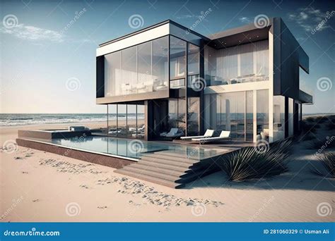 A Modern Beachfront House Featuring Glass Walls and a Swimming Pool. AI ...