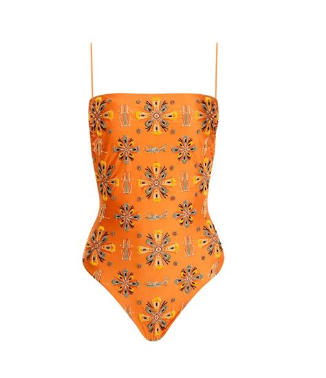 Square Neck Swimming Costume in Orange | Hand Embroidered Swimsuit