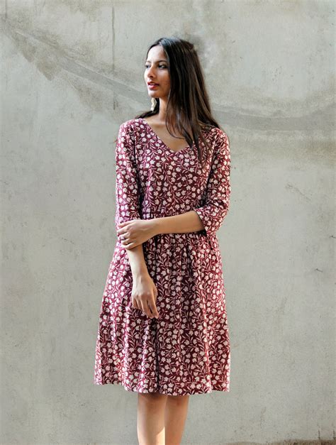 Berry Berry Floral Hand Block Printed Cotton Dress - Mogra Designs