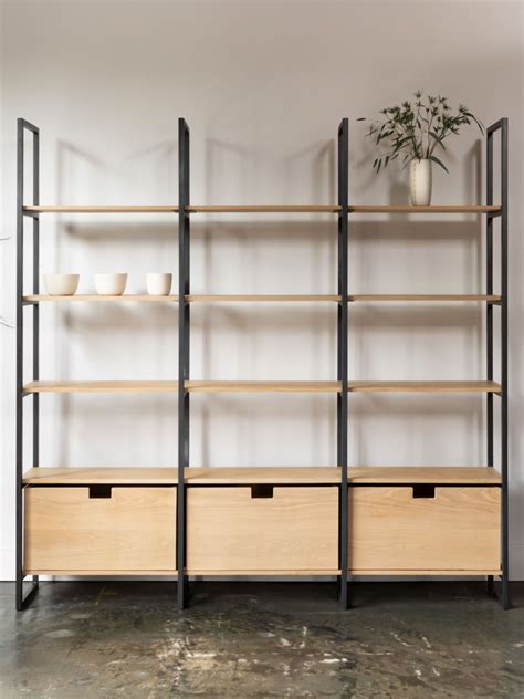 Metal and Wood Shelving Units with Drawers | Modern Living Room Decor ...