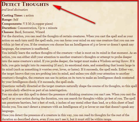 Detect Thoughts 5E Spell In DnD - D&D 5e Character Sheets