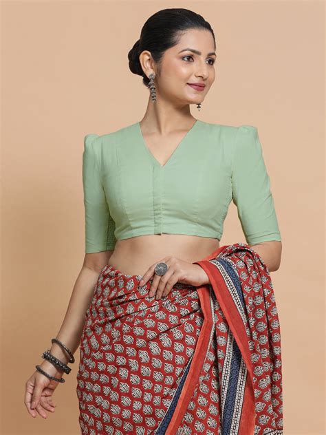 V-Neck Light Sage Plain Cotton Saree Blouse | Perfect for Daily & Work ...