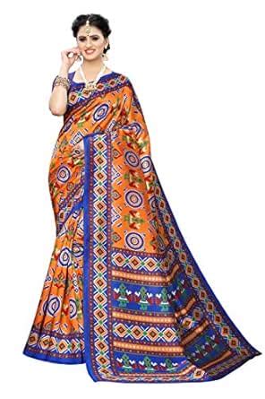 Buy GoSriKi Women's Orange Color Art Silk Printed Saree With Blouse ...