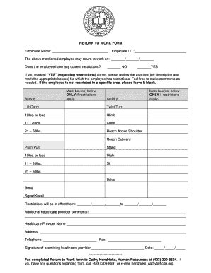 Return to Work Form - Blank Fillable Template | Fill Out, Print ...