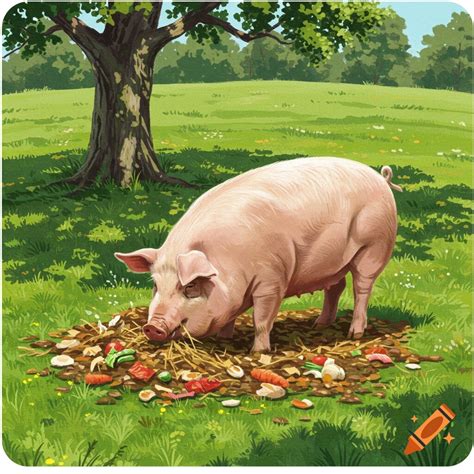 A pink pig eats from a pile of slop under a large tree in a green field ...