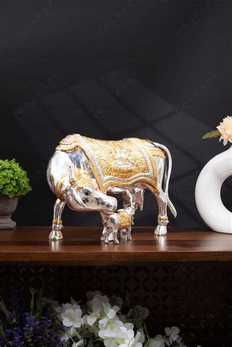 Gold Silver Coated Vastu Kamadhenu cow Idol with Calf