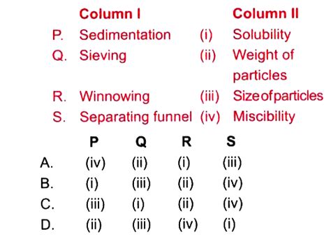 Match column 1 (method of separation) with column II (property of the ...
