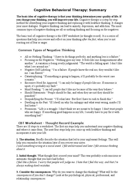 Cognitive Behavioral Therapy CBT Summary | PDF | Thought | Cognitive ...