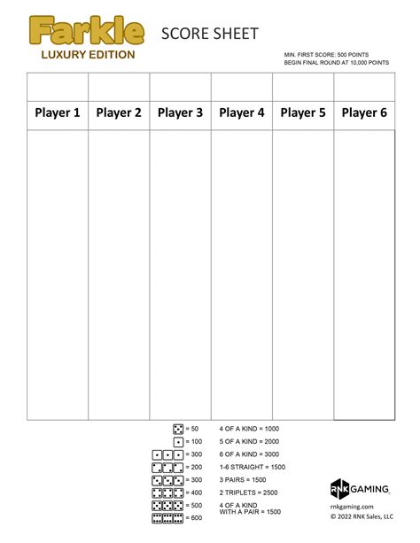 Printable Farkle Score Sheet - Jenny Printable