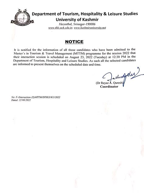 Tourism, Hospitality & Leisure Studies, University of Kashmir