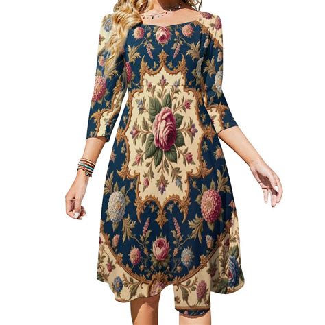 Floral Pattern on Dark Blue Background Women's Fall Dresses Casual ...