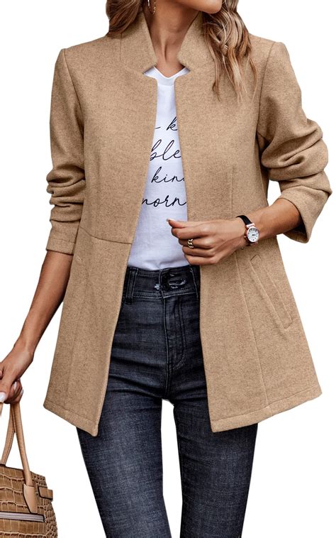 CCTOO Women's Coat Casual Open Front Blazer Long Sleeve Stand Collar ...