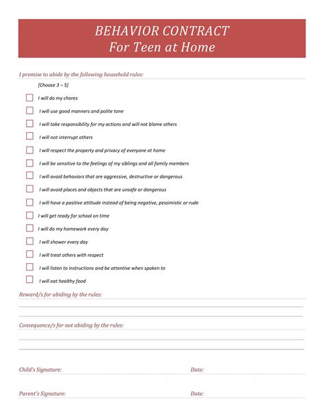 Free Printable Behavior Contract Templates [PDF, Word] Home, Adults