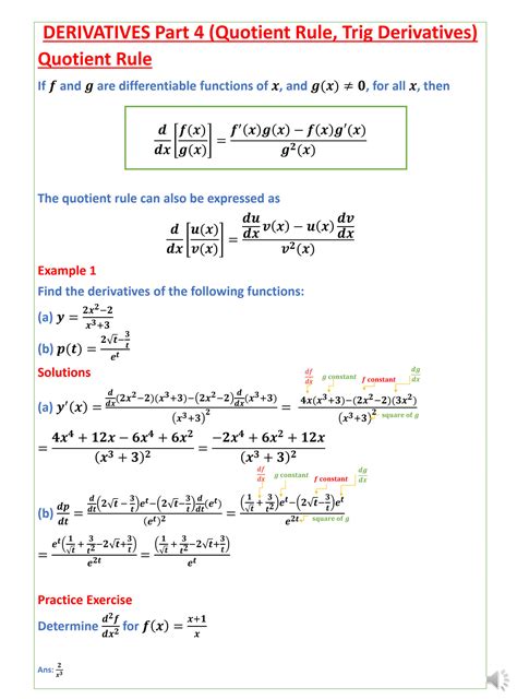 SOLUTION: Math160 notes on derivatives part 4 quotient rule and ...